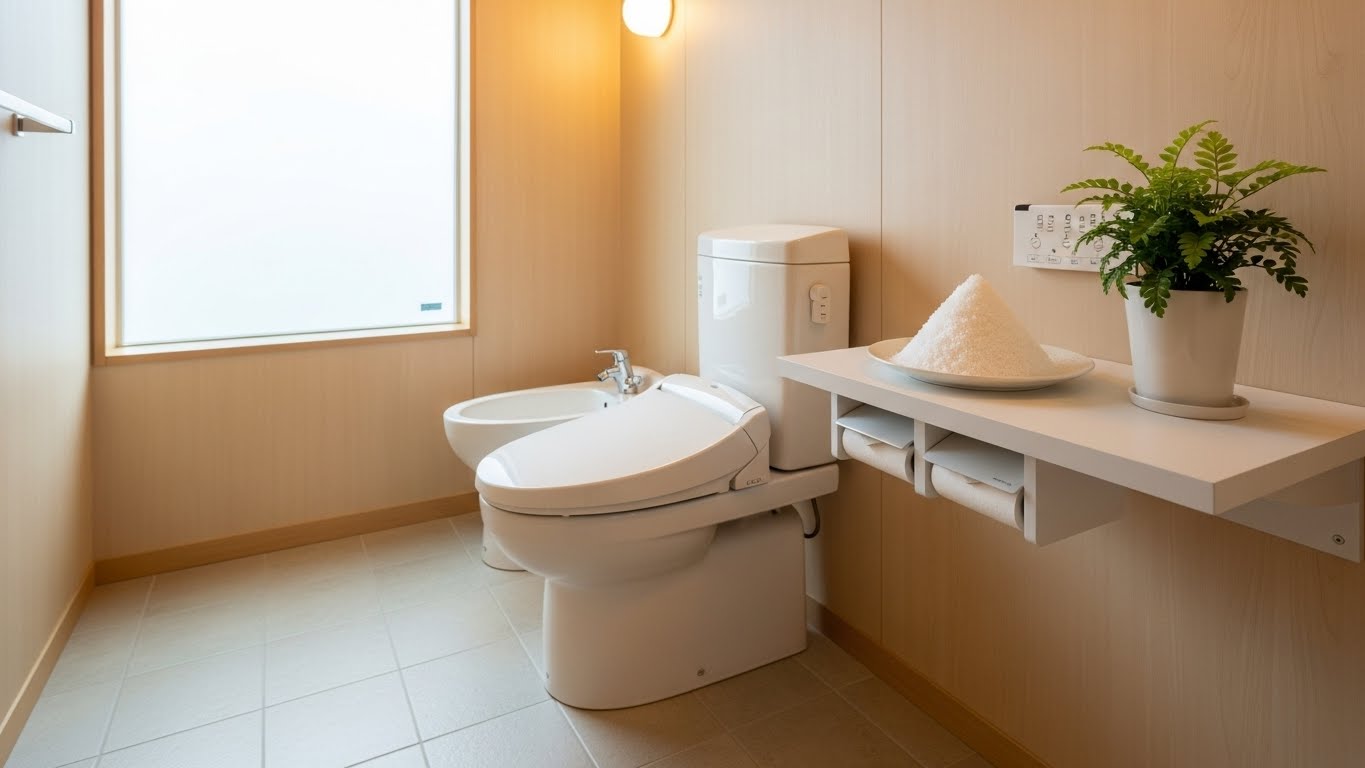 明るく清潔な現代日本のトイレ。棚の上に置かれた白い小皿と円錐形の盛り塩。近くに小さな観葉植物。柔らかな照明、衛生的で平和な雰囲気