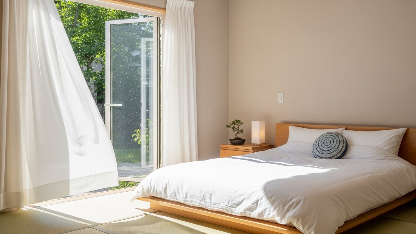 朝の新鮮で風通しの良い日本の寝室。窓が少し開いており、白いカーテンが風に優しくなびいている。清潔なシーツの快適なベッド。明るく、健康的で、安心できる雰囲気