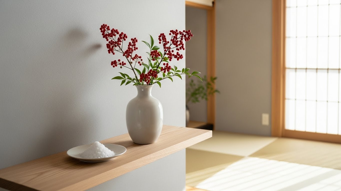 和洋折衷の清潔で明るい部屋の一角。木製の棚の上に、赤い実のついた枝（南天）が生けられた白い花瓶と、小皿の塩。日差しは柔らかく清らか。平和で精神的な雰囲気