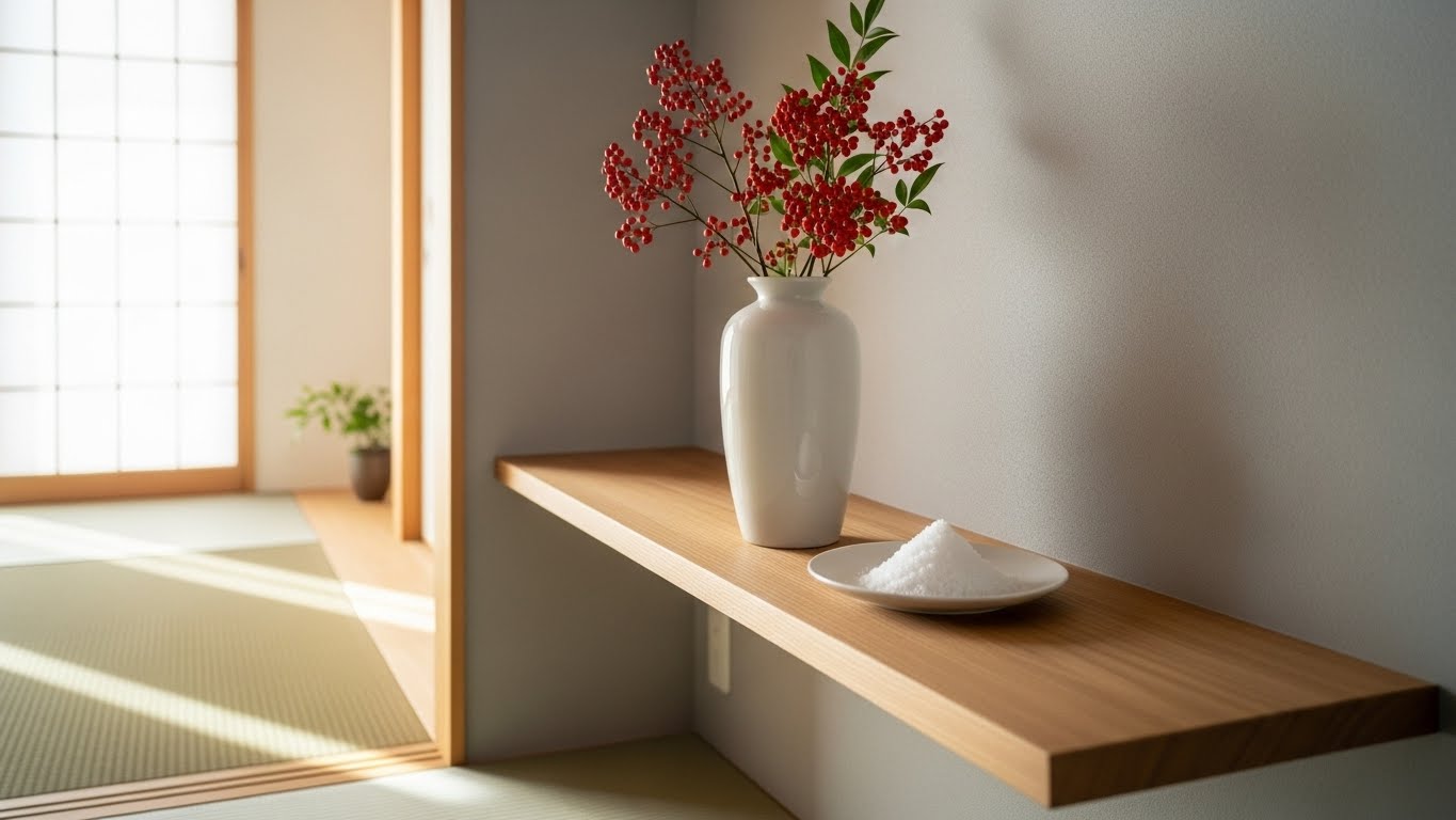 南天と盛り塩で整えられた清潔な空間