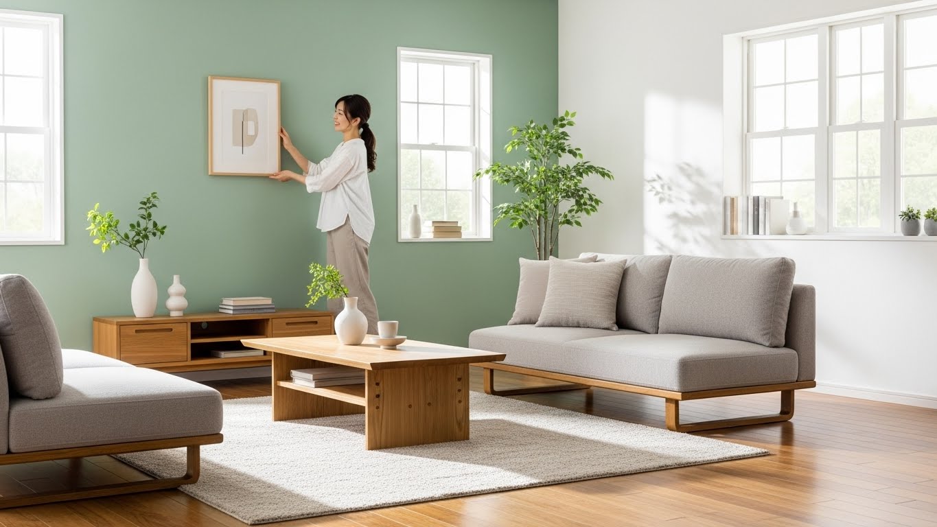 アクセントウォール（淡い黄色またはセージグリーン）のあるおしゃれな日本のリビング。女性が壁のフォトフレームを楽しそうに調整している。明るい自然光、快適な家具。清潔でポジティブな雰囲気。
