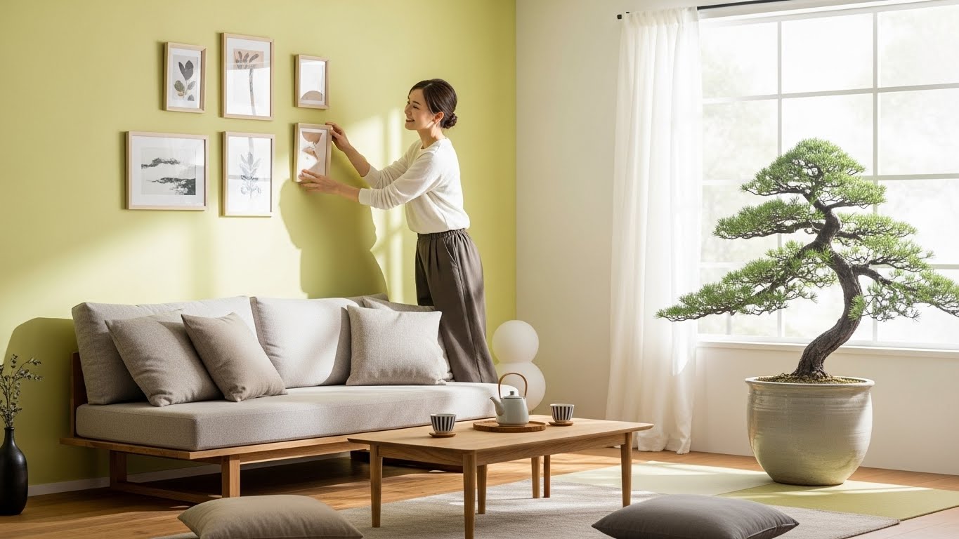 アクセントカラーを取り入れた明るいリビング