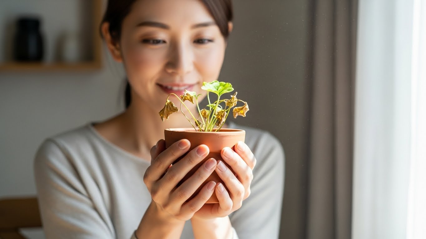 少し枯れた茶色の葉を持つ小さな鉢植えを優しく持つ日本人女性の手。悲しみではなく、感謝と温かい表情で見つめている。窓から日差しが差し込み、平和で希望に満ちた雰囲気。
