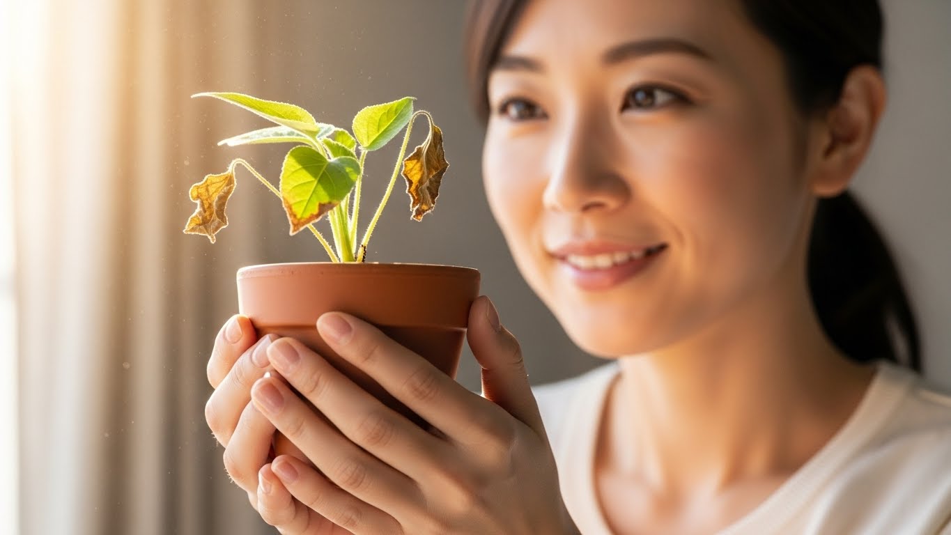 枯れた植物に感謝を伝えて手放すイメージ