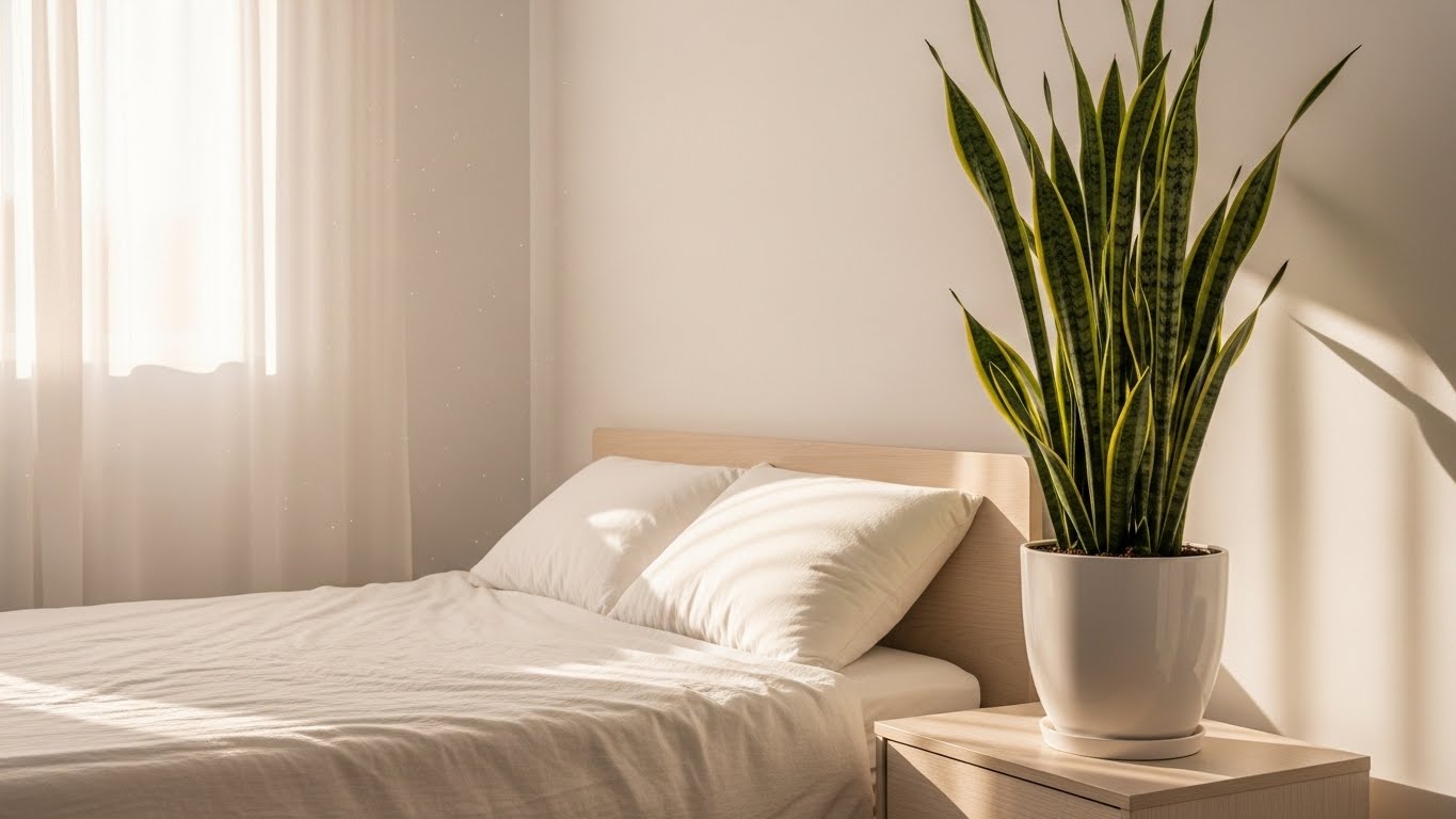 朝の光が差し込む平和な寝室。サイドテーブルに置かれたサンスベリアの鉢植え。白いリネン、清潔な雰囲気。人物なし。柔らかく、風通しの良いリラックスしたムード