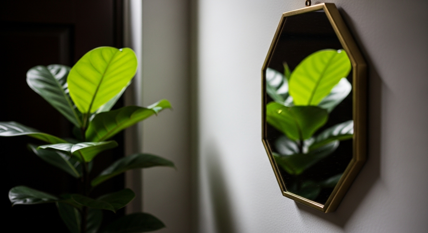 玄関を明るく照らす八角形の鏡と観葉植物