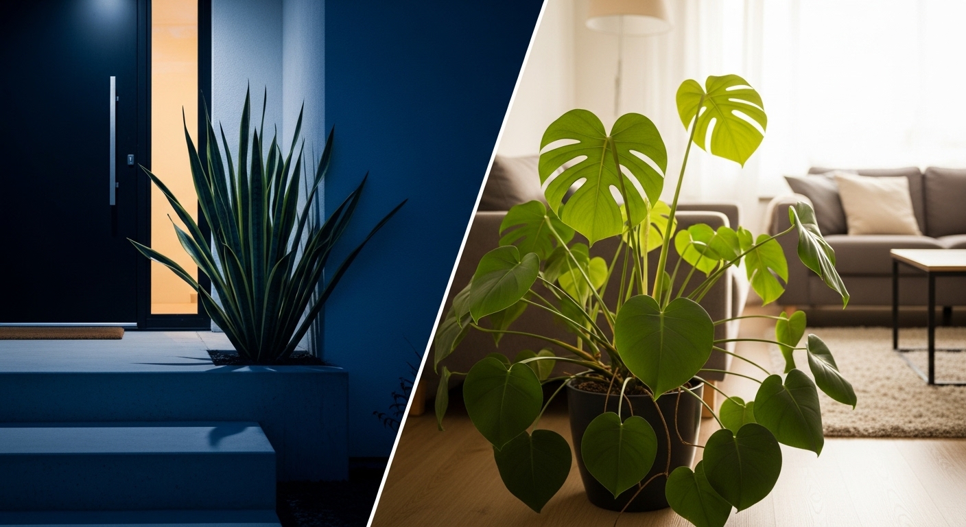 鋭いサンスベリアと丸いモンステラの対比