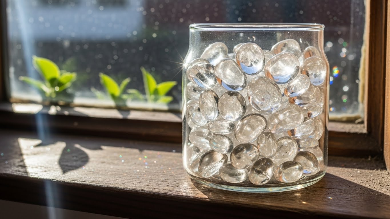 ガラスの器に入ったキラキラした水晶のさざれ石を、窓辺に置いている様子