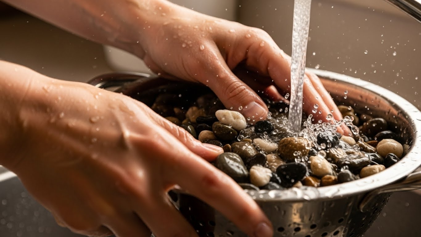 ザルに入れたさざれ石を、水道の流水でジャバジャバ洗っている手元