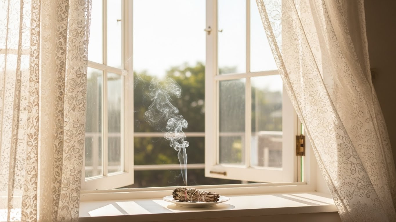 窓を開けてホワイトセージで部屋を浄化している様子