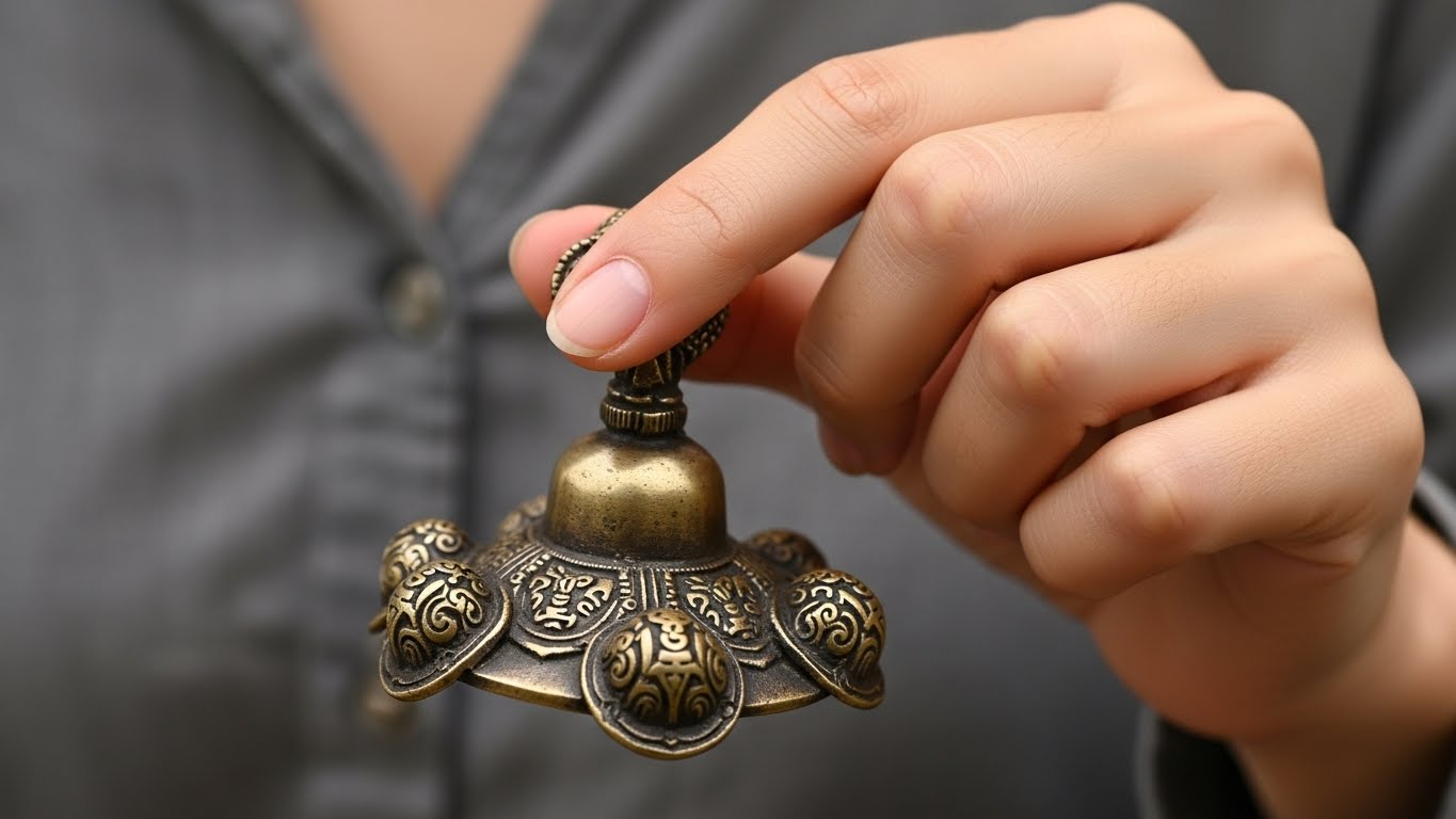 朝の光の中でティンシャを鳴らそうとしている女性の手元