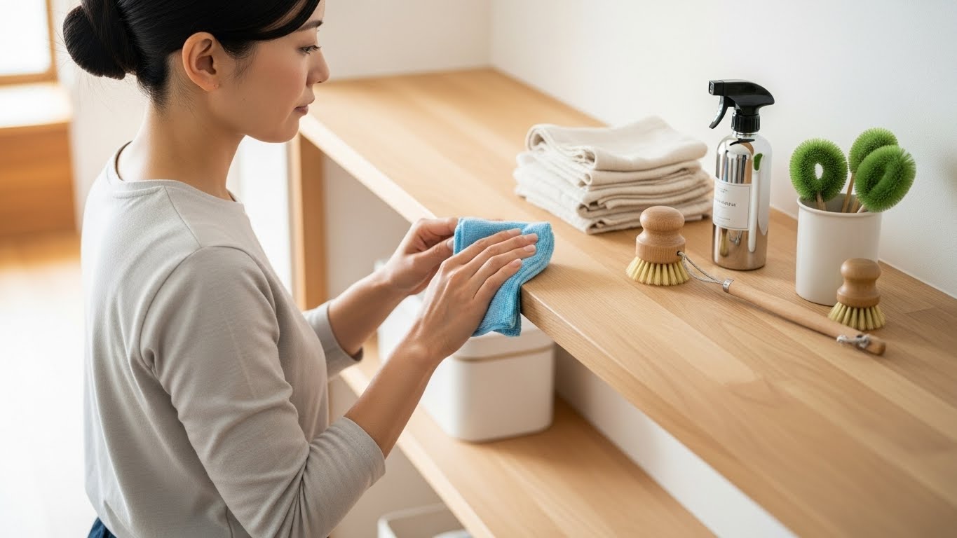 盛り塩を置く棚をきれいに掃除して場を清めている様子