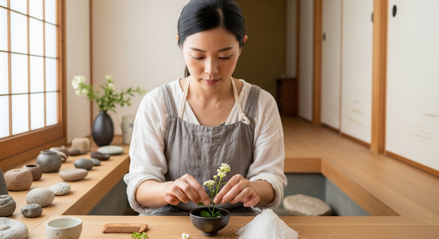 玄関を掃除し、空間を整える様子