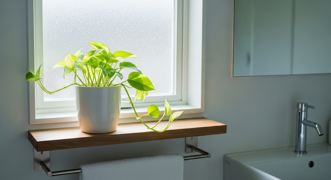 洗面所の棚に飾られた小さな観葉植物