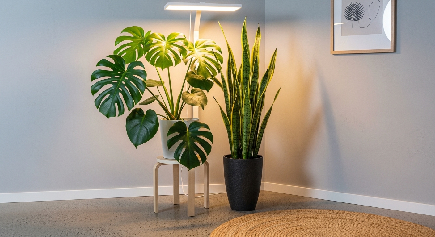 育成ライトの光を浴びる室内の観葉植物