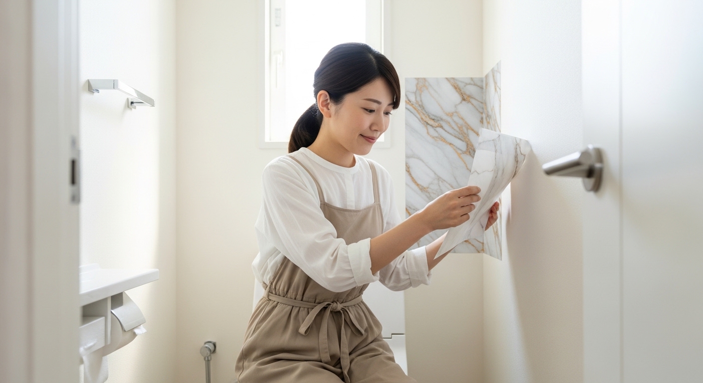 リメイクシートを使ってトイレを自分好みの空間に整え、満足そうな表情を浮かべる女性