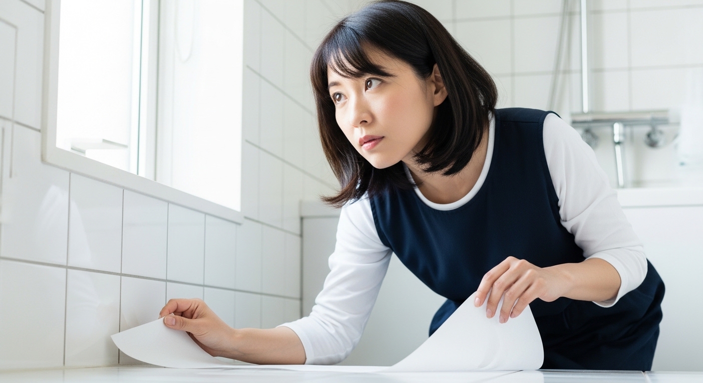 壁紙の状態を慎重にチェックする女性