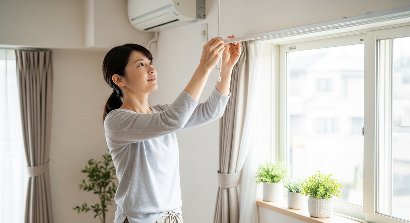 賃貸の窓際で突っ張り棒を使い、カーテンを二重にする工夫をしている女性