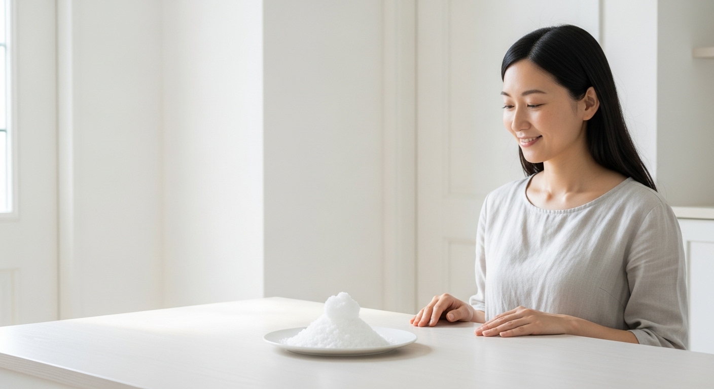 :形が崩れた盛り塩を優しく見守る様子