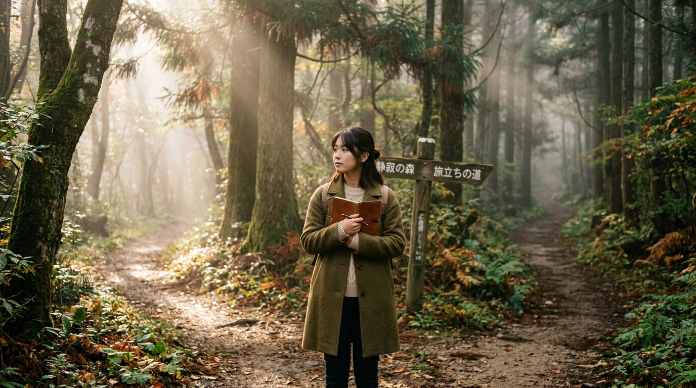 森の十字路で立ち止まり、進むべき道を静かに考える日本人女性の後ろ姿