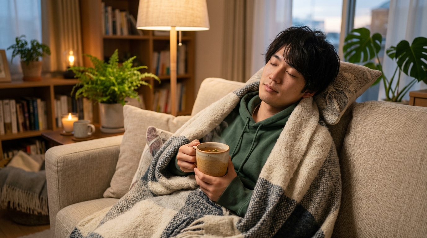 暖かいブランケットに包まれ、ハーブティーを持ちながらソファで静かに休む日本人男性