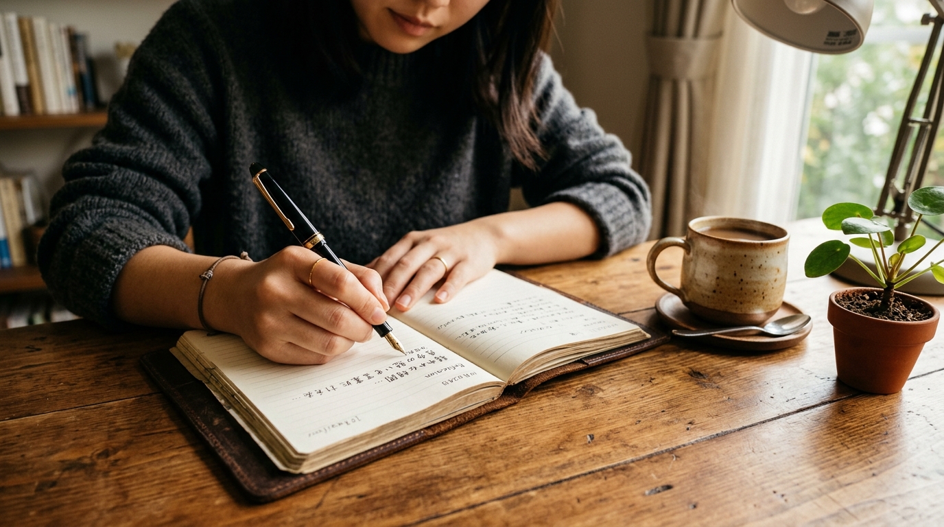 静かな空間でノートに心の内を書き留める日本人女性の手元