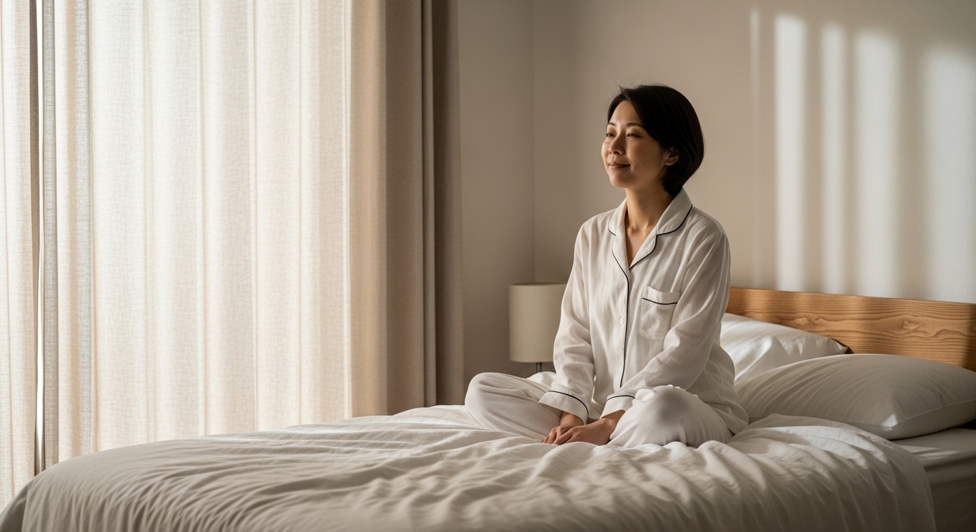清潔なコットンのパジャマを身にまとい、リラックスした表情でベッドに座る女性