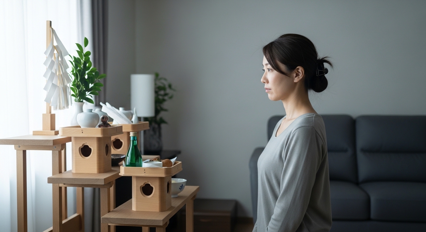 静まり返ったリビングで神棚を見つめる女性