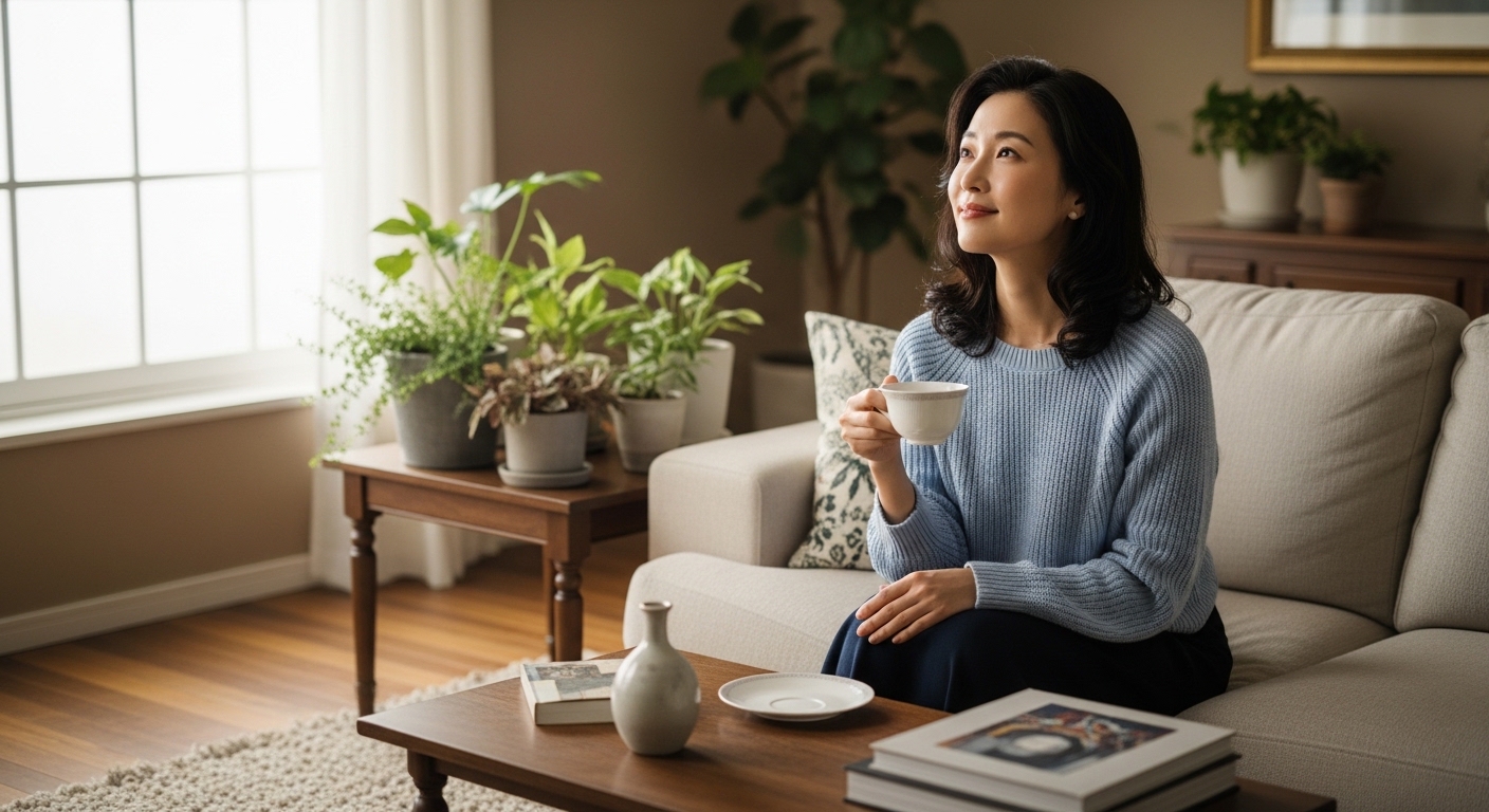 リビングで静かに天井を見上げる女性