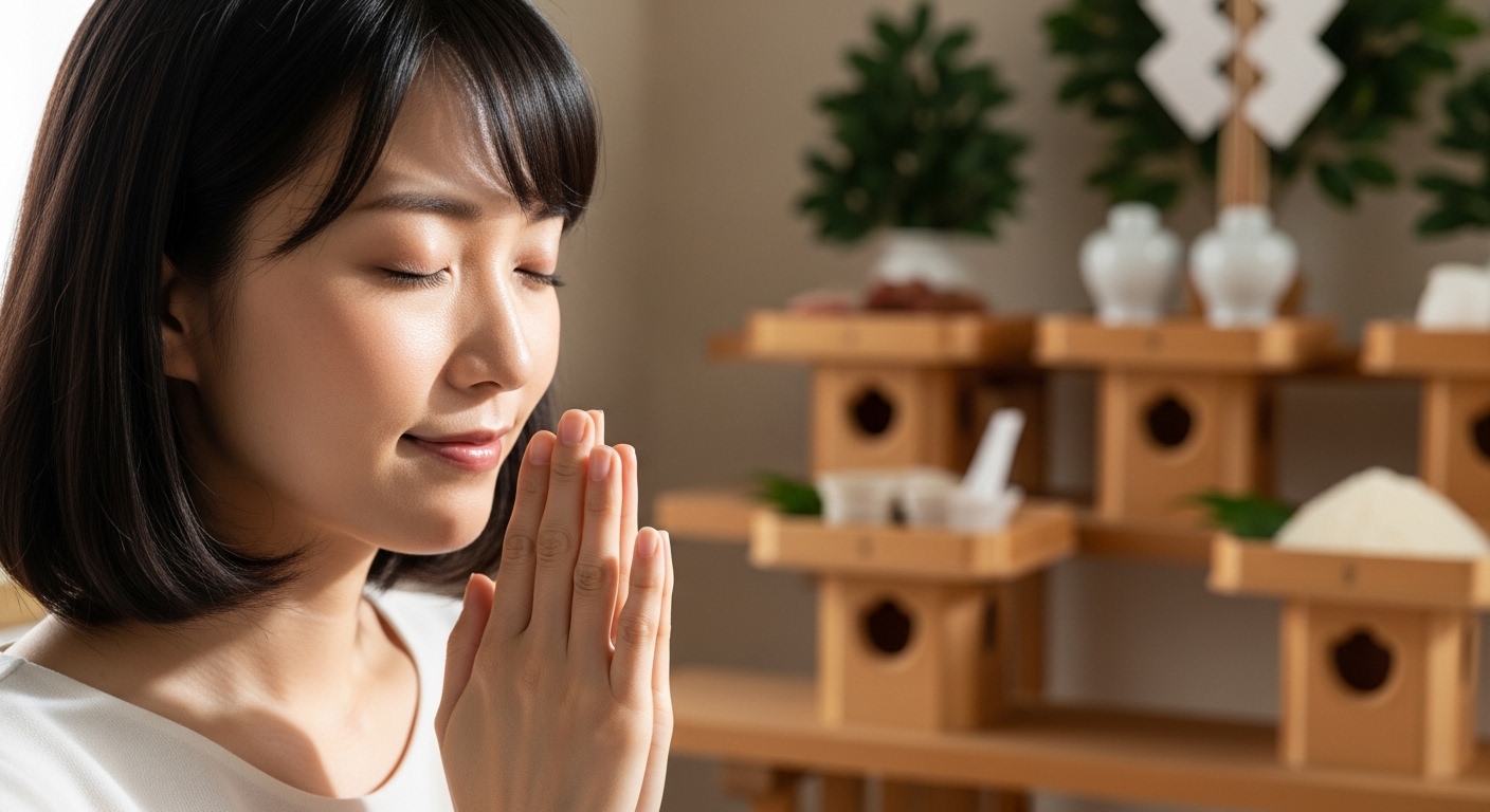 神棚の前で手を合わせ感謝する女性