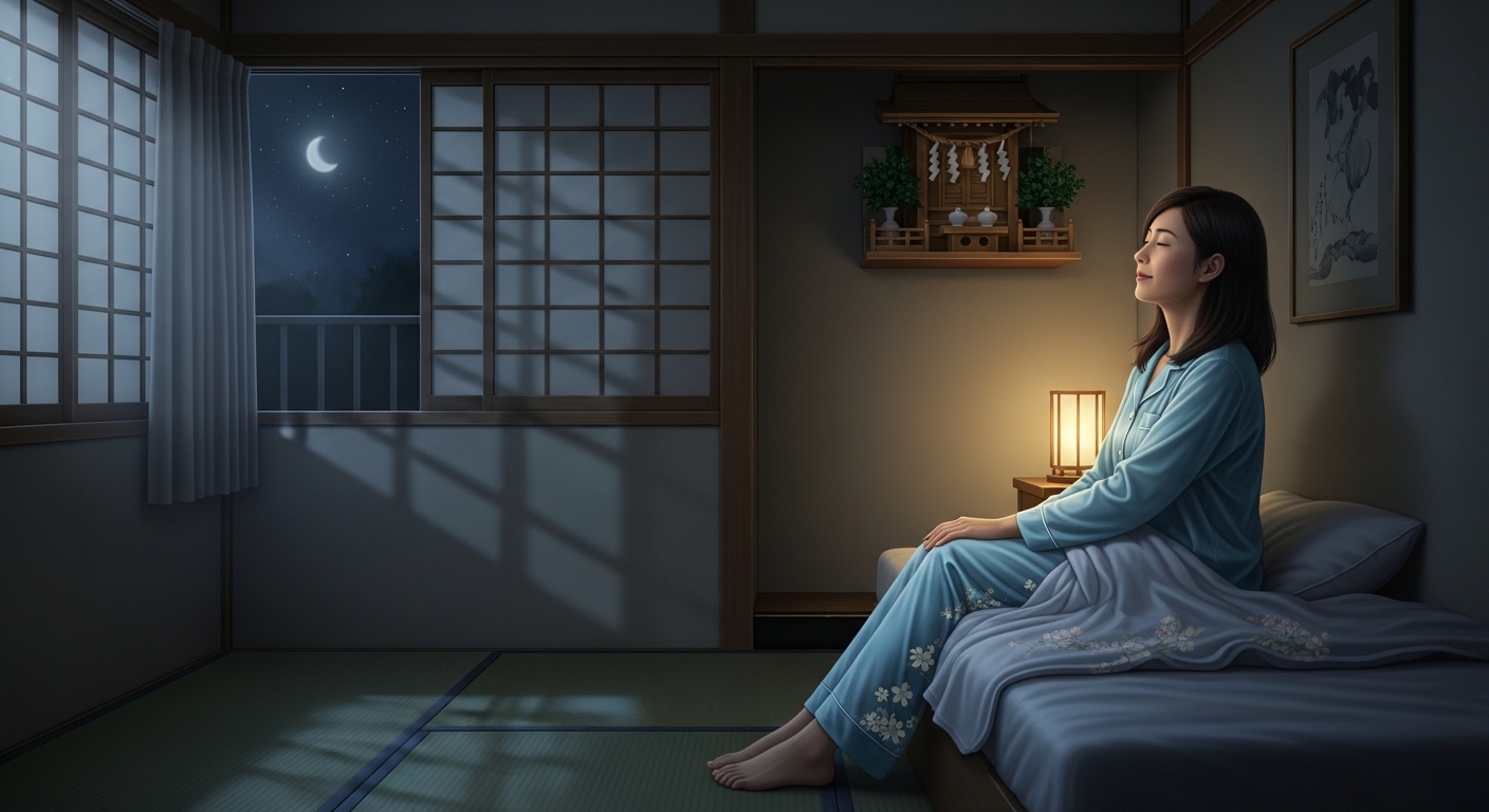 夜中に神棚を見上げ安心する女性