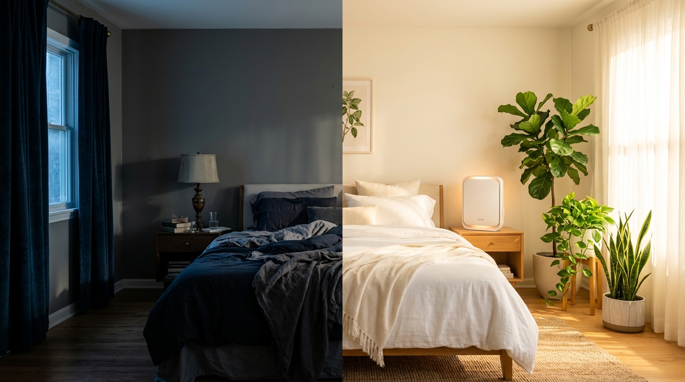 窓のない寝室が光と浄化アイテムによって明るく清々しい空間に生まれ変わるイメージ
