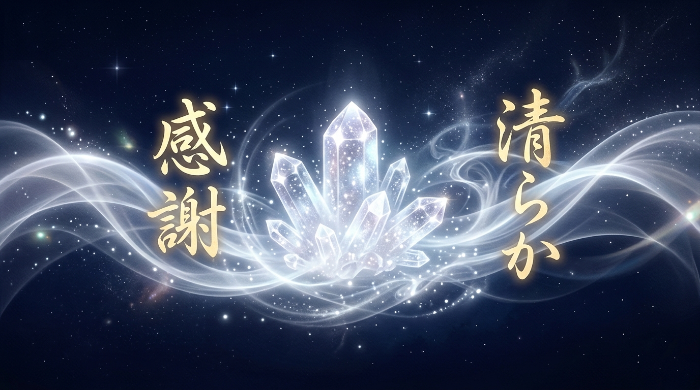 水晶の輝きと言霊のエネルギーが空間を浄化し、平穏をもたらす抽象図