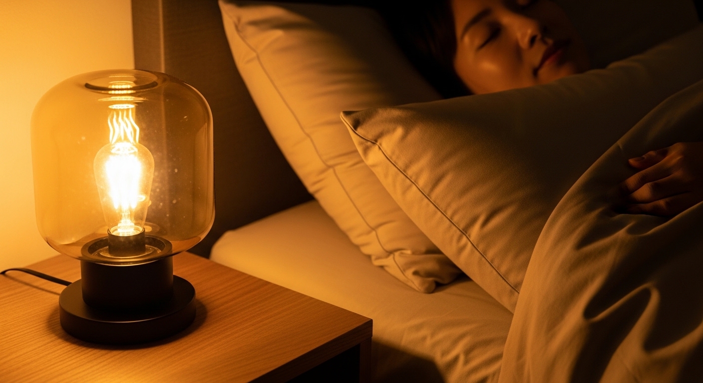 温かい光のサイドランプと整えられた寝室