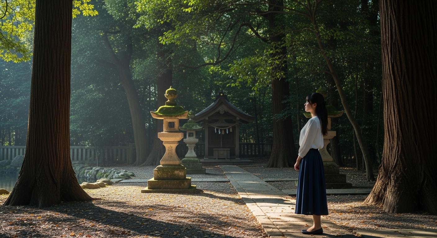 神社の境内で静かに風景を眺める様子