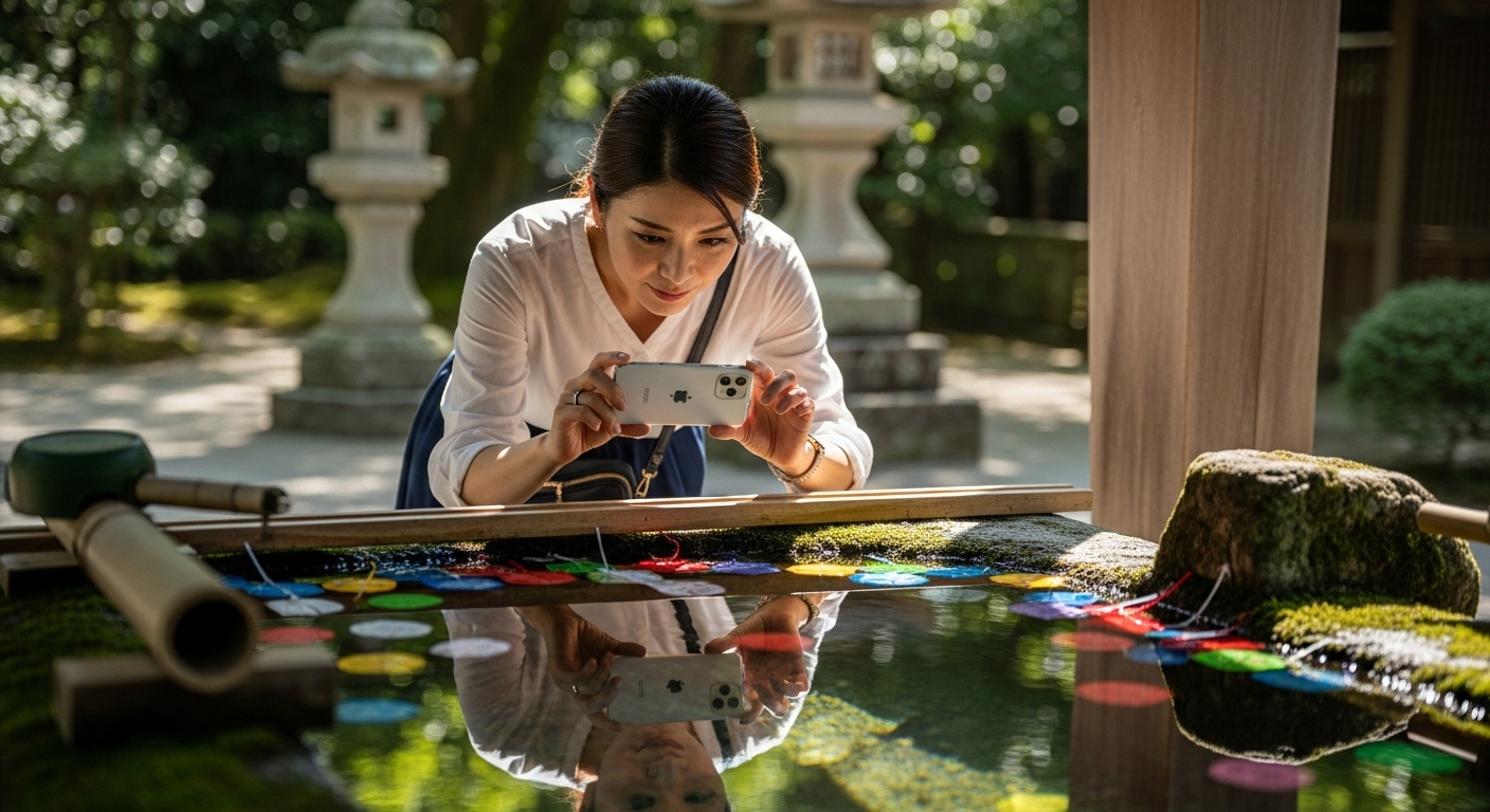 手水舎の水面を丁寧に撮影する手元