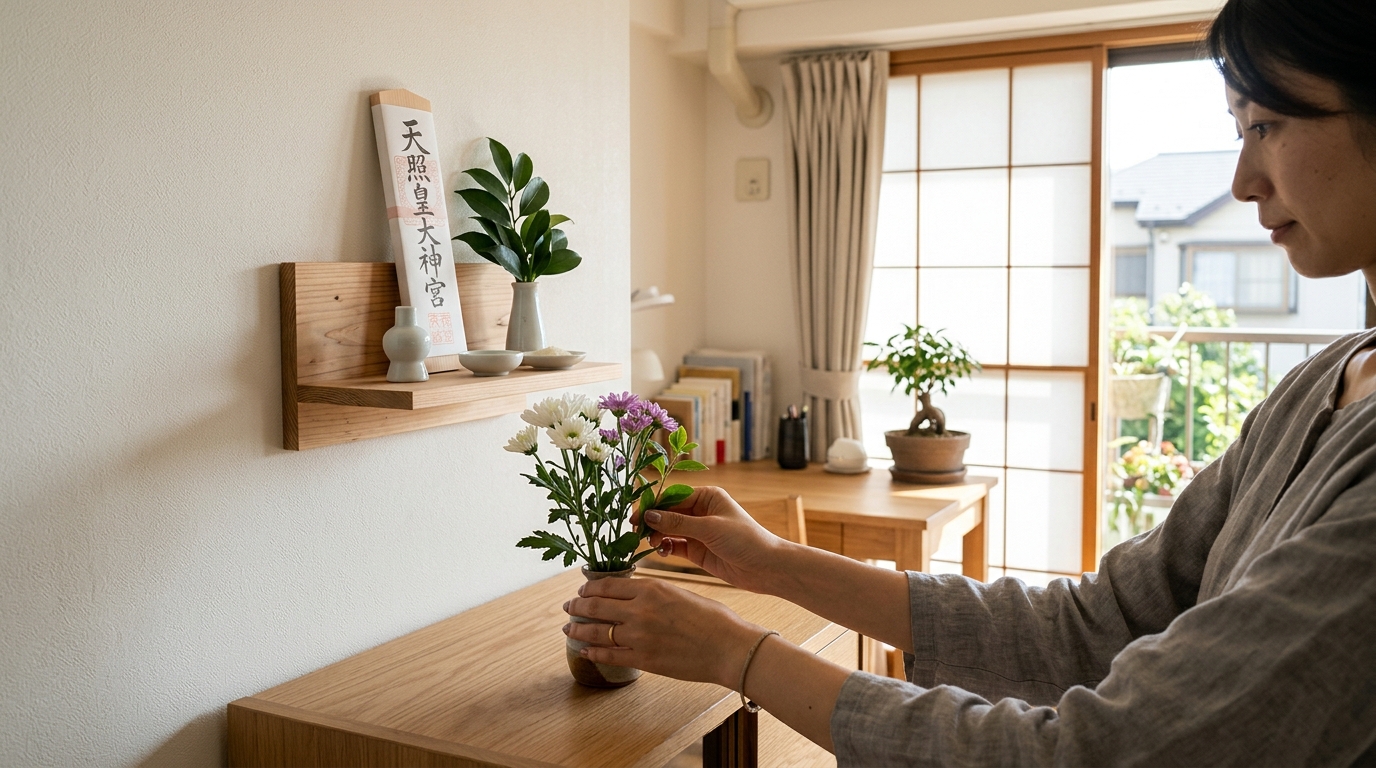賃貸マンションの壁に傷をつけずに設置された、神聖な雰囲気のお札と小さな供え物。
