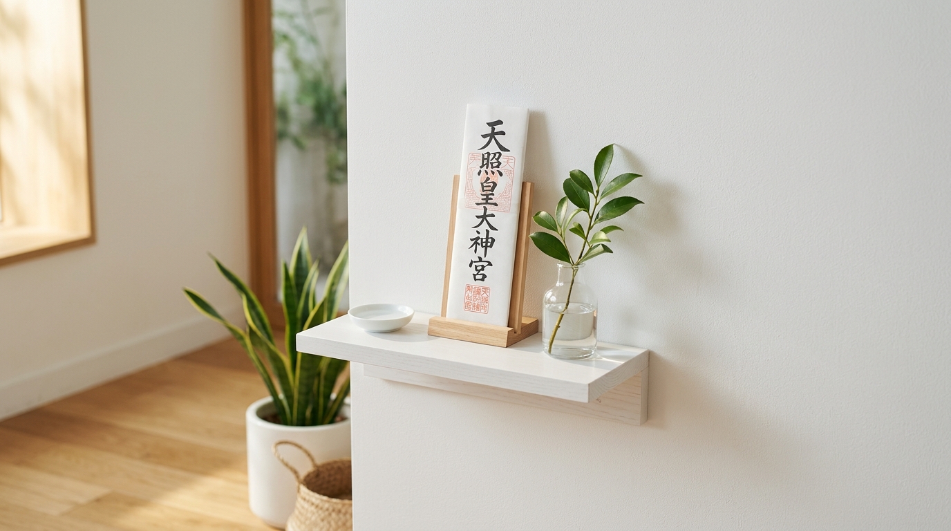 壁を傷つけない小さな棚に安置された、清潔感のある神聖なお札の風景