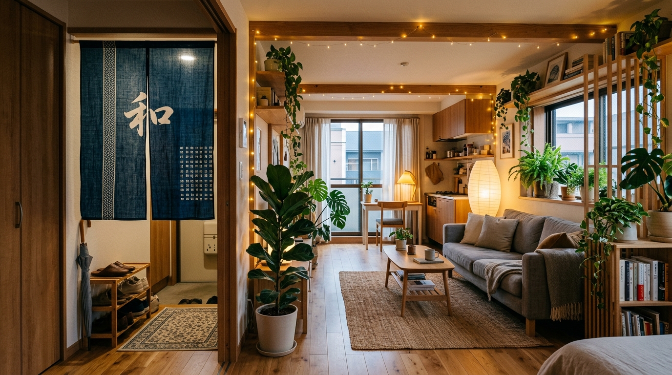 のれんと観葉植物を組み合わせて、玄関からベッドが自然に隠れているおしゃれなワンルームの完成イメージ。温かみのある間接照明で落ち着いた雰囲気