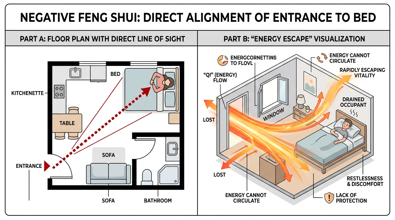 ワンルームの玄関からベッドまで一直線に視線が通ってしまっている